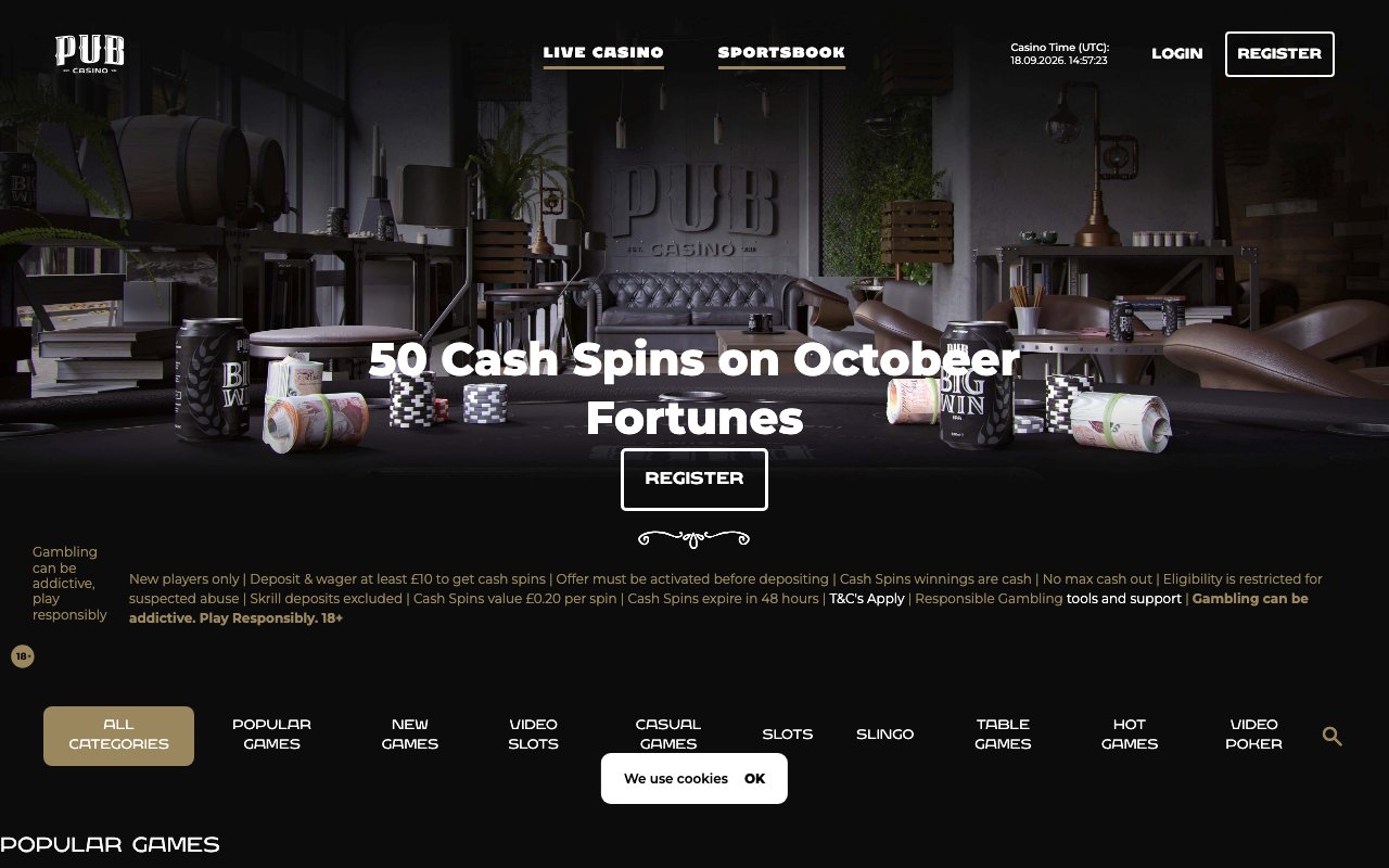 Pub Casino homepage screenshot