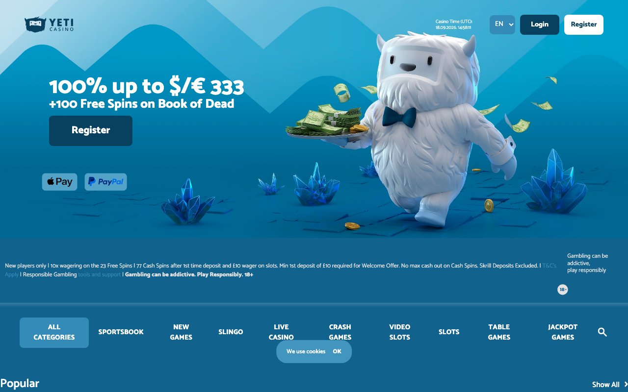 Yeti Casino homepage screenshot