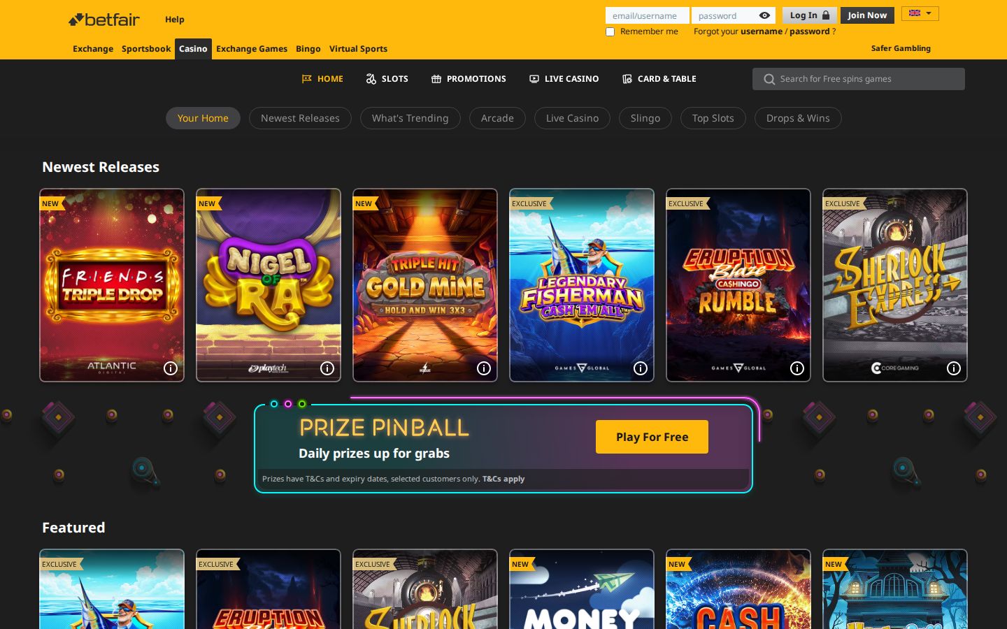 Betfair Casino homepage