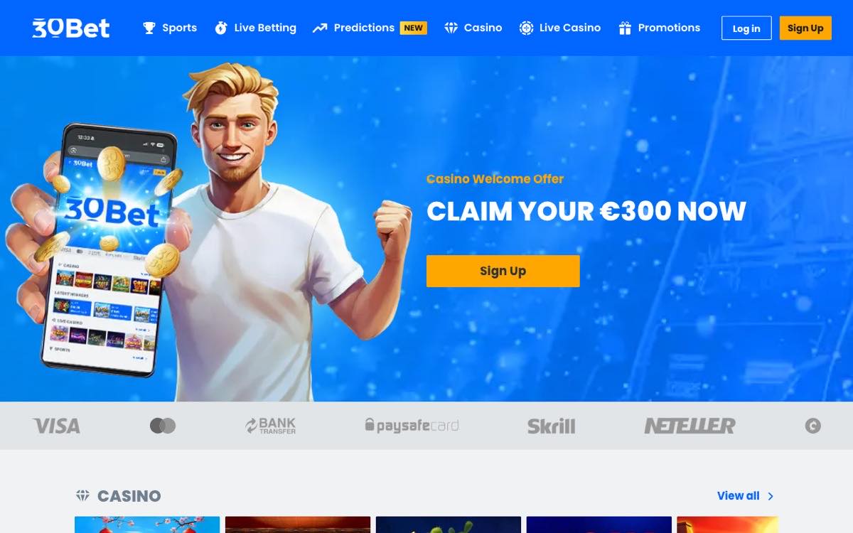30Bet homepage screenshot