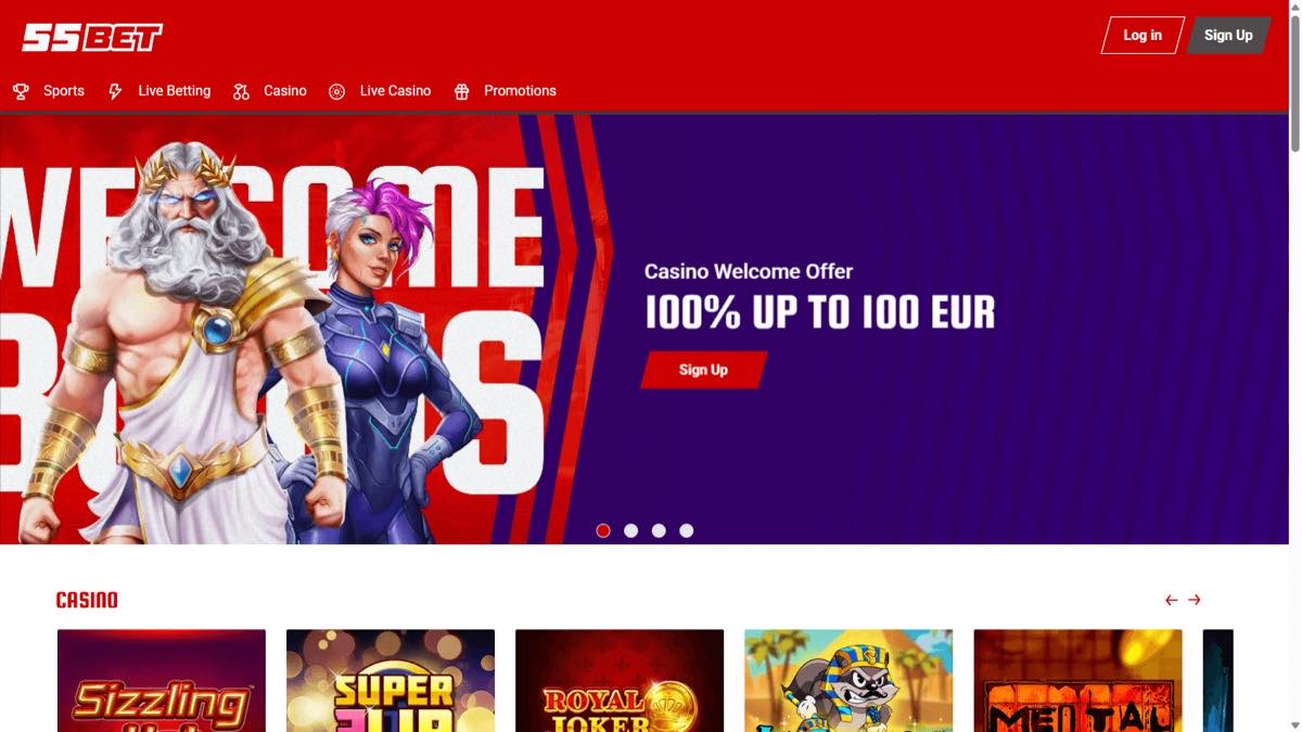 55Bet homepage screenshot