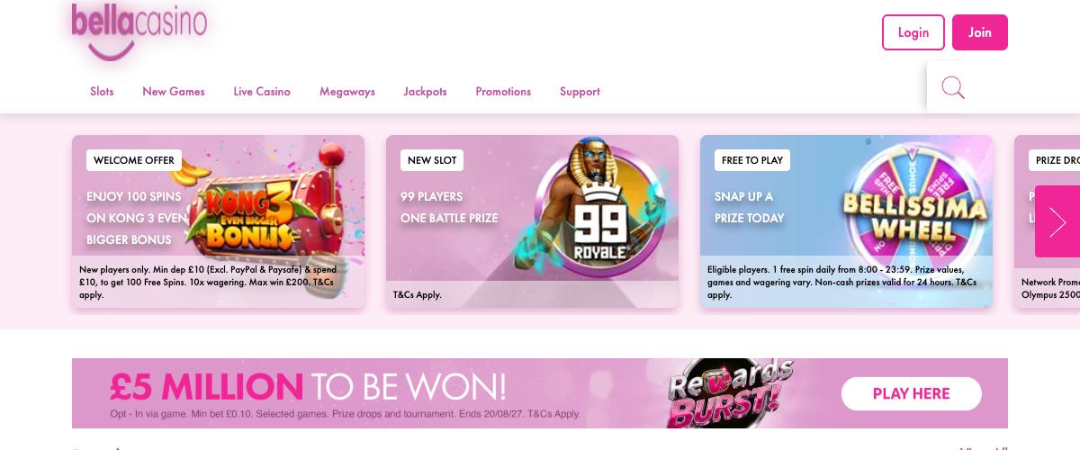 Bella Casino homepage screenshot
