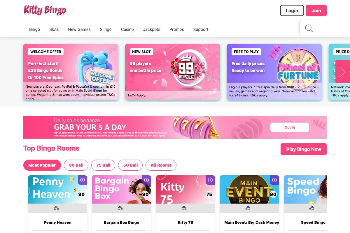 Kitty Bingo homepage screenshot