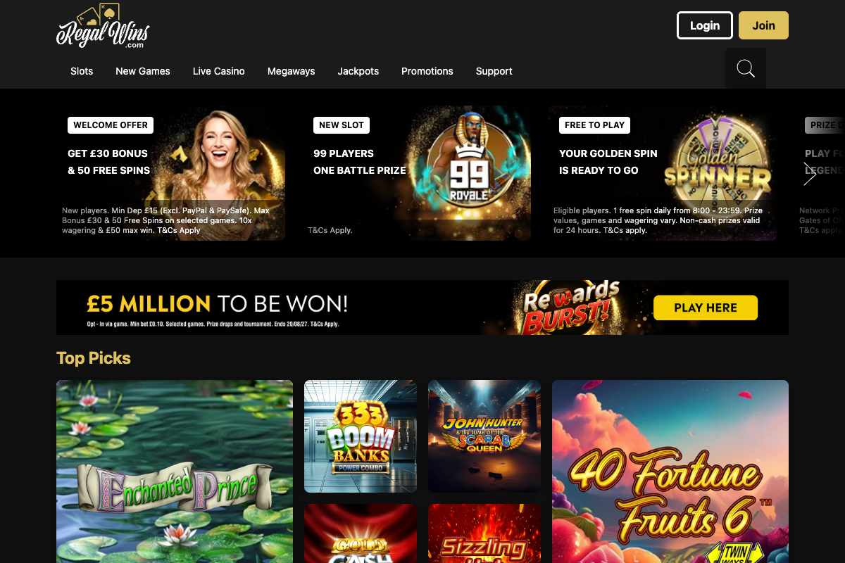 Regal Wins homepage screenshot