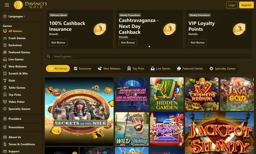 DaVinci's Gold casino homepage