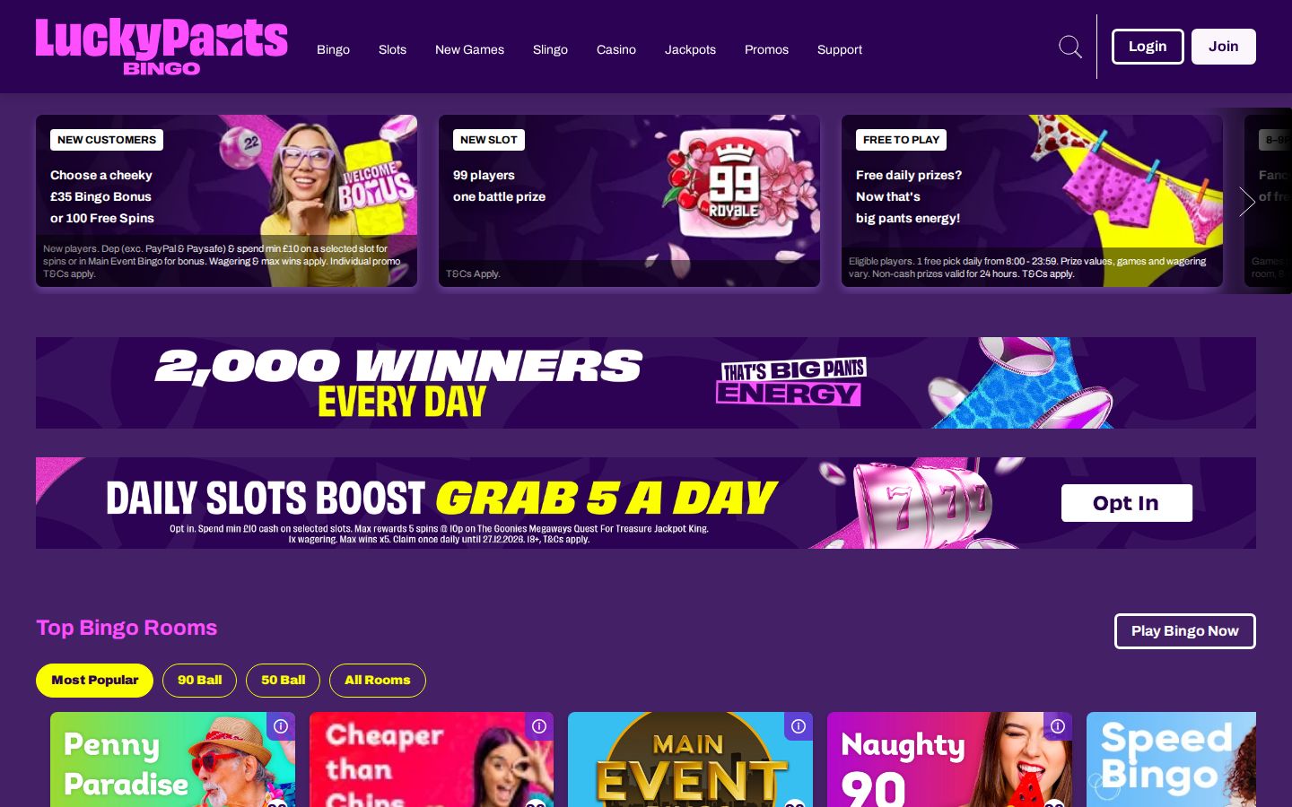 Lucky Pants Bingo homepage