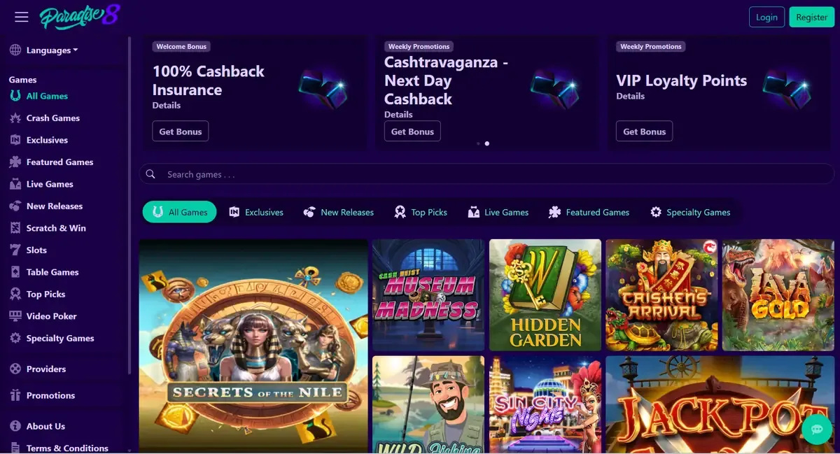 Paradise 8 casino homepage