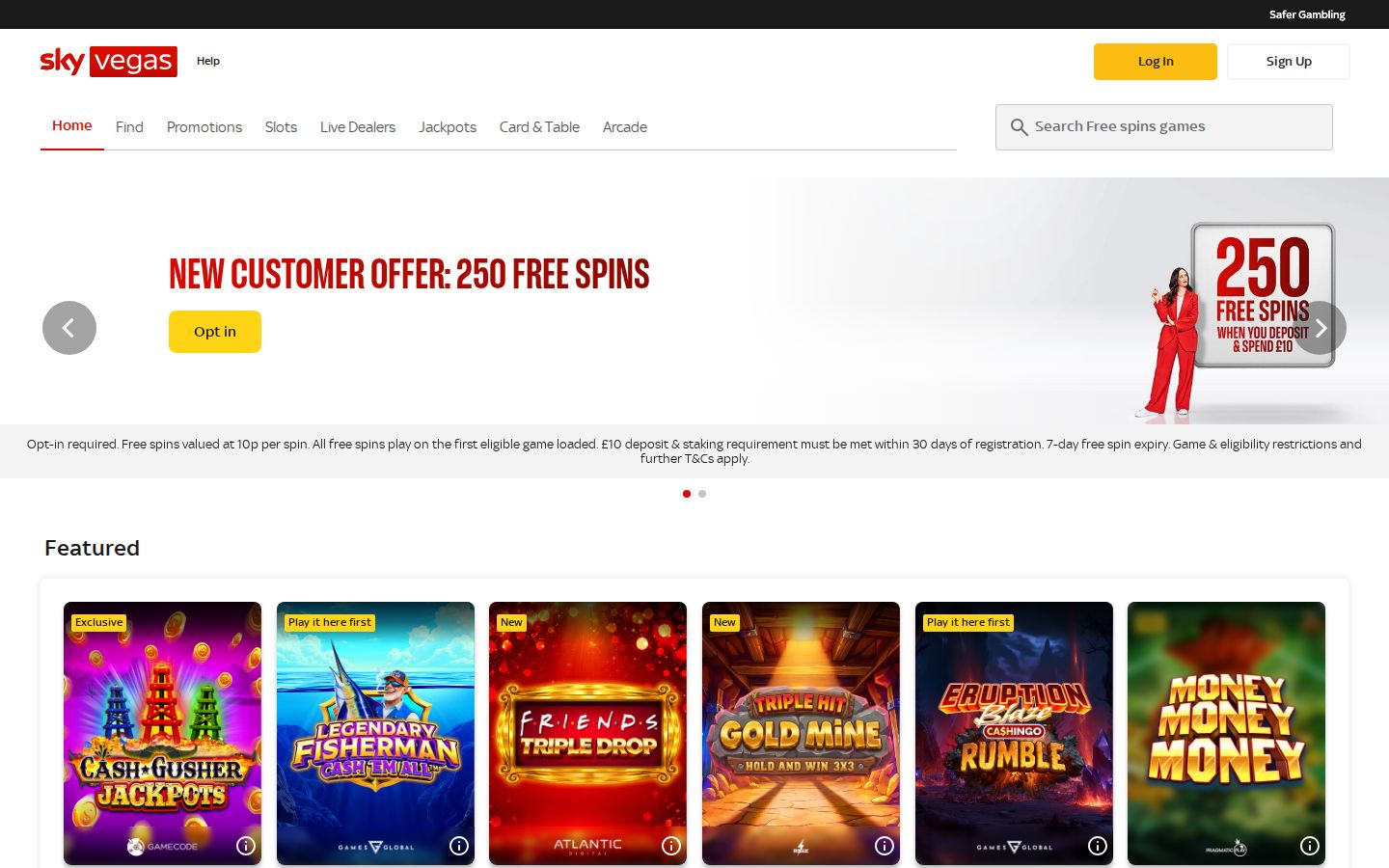 Sky Vegas homepage