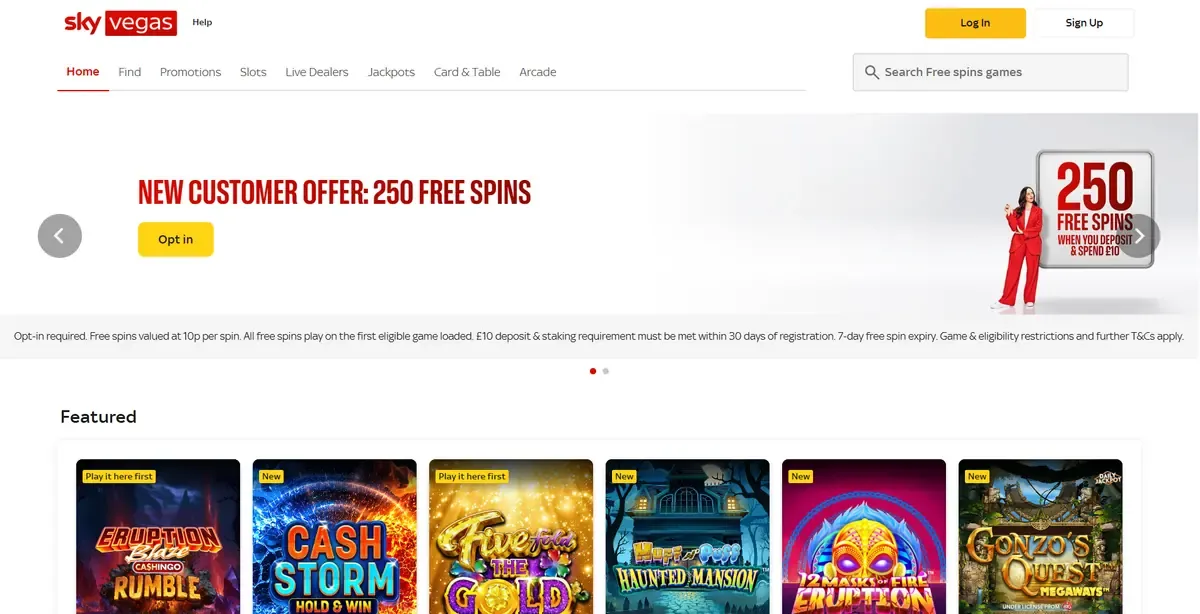 Sky Vegas homepage